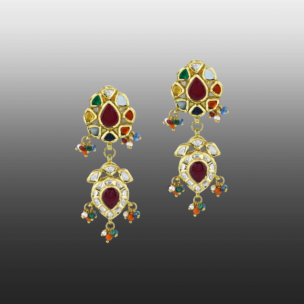 Navratna Earrings with Polki Diamonds and colourful Beads